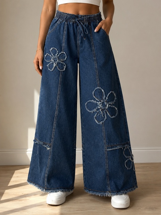 Unbranded Denim - Wide Leg Floral Patchwork Boho Distressed Denim, Size S 🌸☮️